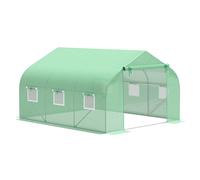Invernadero Outsunny tipo túnel de 10,5 m² dim. Lona de acero enrollable de 3.5L x 3L x 2H m con puerta y 6 ventanas, de PE de alta densidad, color verde. verde