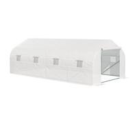 Invernadero Outsunny tipo túnel de 18 m² dim. Lona de acero enrollable de 5.95l x 3l x 2H m con puerta y 8 ventanas, de polietileno de alta densidad, blanca. BLANCO