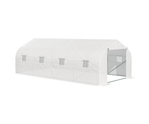 Invernadero Outsunny tipo túnel de 18 m² dim. Lona de acero enrollable de 5.95l x 3l x 2H m con puerta y 8 ventanas, de polietileno de alta densidad, blanca. BLANCO