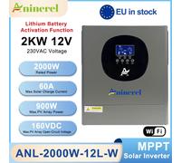 Inversor solar híbrido Aninerel de 2kW y 12V con pantalla LCD a color y iluminación RGB MPPT 60A PV500VDC Activación de batería de litio ANL-2000W-12L-W