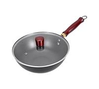 Ioensy Sartén Wok de Hierro con Mango de Madera, Apta para Todo Tipo de Cocinas, Sin Revestimiento Antiadherente para Una Fácil Limpieza, con tapa, Individual