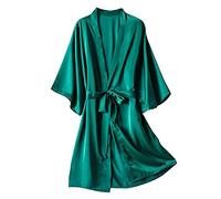 IQYU Bata de satén para mujer, color rosa, fina, bata, sauna, kimono, tallas grandes, manga larga, albornoz ligero, elegante con cinturón, camisón ligero de invierno, verde, XXL