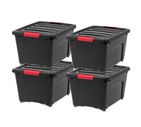 IRIS Contenedor organizador de plástico con tapa duradera y hebillas de cierre seguras, apilable y encajable, 32 cuartos de galón, negro/rojo, 4 unidades