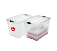 Iris Ohyama 2 Cajas de almacenamiento con tapas, 60L, Transparente, Clips de Cierre, Duradero, Apilable, para Dormitorio, Armario, Oficina, Organizadora, Ropa, Libre de BPA, NTB-60