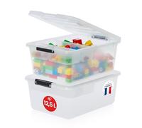 Iris Ohyama 2 Cajas de almacenamiento con tapas y Bandeja Interior, 12.5L, Transparente, Clips de Cierre, Duradero, Apilable, para Dormitorio, Armario, Oficina, Libre de BPA, FTB-12.5