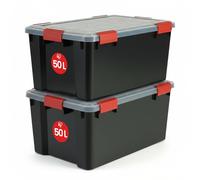 Iris Ohyama 2 Cajas herméticas de plástico con tapa y cierres a presión, 50L, Negro, sello impermeable, apilables, antipolvo, para ropas, camping, exteriores, cubo de almacenaje, box, AT-L