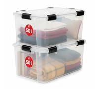 Iris Ohyama 2 Cajas herméticas de plástico con tapa y cierres a presión, 50L, Transparente, sello impermeable, apilables, antipolvo, para ropas, camping, exteriores, cubo de almacenaje, box, AT-L