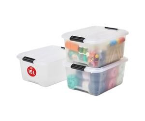 Iris Ohyama 3 Cajas de almacenaje con tapa y cierres a presión, 15L, Transparente, apilables, encajables, contenador para ropas, juguetes, hogar, oficina y armario, organizar espacio, plástico, TB-15