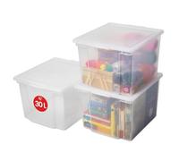 Iris Ohyama 3 Cajas de Almacenaje Plástico Versátiles con Tapa, 30L, Transparente, Cierre fácil, Apilable, para Armario, Estante, Aula, Organizadora, Ropa, Zapatos, Libre de BPA, USB-M