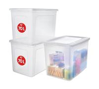 Iris Ohyama 3 Cajas de Almacenaje Plástico Versátiles con Tapa, 70L, Transparente, Cierre fácil, Apilable, para Armario, Estante, Aula, Organizadora, Ropa, Zapatos, Libre de BPA, MCB-70