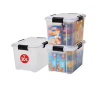 Iris Ohyama 3 Cajas herméticas de plástico con tapa y cierres a presión, 20L, Transparente, sello impermeable, apilables, antipolvo, para ropas, camping, exteriores, cubo de almacenaje, box, AT-SD