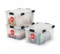 Iris Ohyama 3 Cajas herméticas de plástico con tapa y cierres a presión, 50L, Transparente, sello impermeable, apilables, antipolvo, para ropas, camping, exteriores, cubo de almacenaje, box, AT-L
