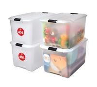 Iris Ohyama 4 Cajas de almacenaje con tapa y cierres a presión, 45L, Transparente, apilables, encajables, contenador para ropas, juguetes, hogar, oficina y armario, organizar espacio, plástico, TB-45
