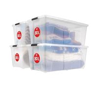 Iris Ohyama 4 Cajas de Almacenaje con Tapa y Cierres a Presión, 80L, Transparente, Apilables, Encajables, Contenador para Ropas, Juguetes, Hogar, Oficina y Armario, Plástico, TB-84D