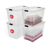 Iris Ohyama 4 Cajas de Almacenaje Plastico con Tapa, 60L, Transparente, Clips de Cierre, Duradero, Apilable, para Dormitorio, Armario, Oficina, Organizadora, Ropa, Libre de BPA, NTB-60