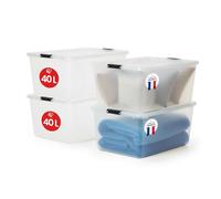 Iris Ohyama 4 Cajas de almacenamiento con tapas, 40L, Transparente, Clips de Cierre, Duradero, Apilable, para Dormitorio, Armario, Oficina, Organizadora, Ropa, Libre de BPA, FTB-40