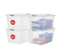 Iris Ohyama 4 Cajas de almacenamiento con tapas, 45L, Plata, Clips de Cierre, Duradero, Apilable, para Dormitorio, Armario, Oficina, Organizadora, Ropa y Zapados, Libre de BPA, NTB-45