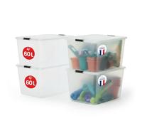 Iris Ohyama 4 Cajas de almacenamiento con tapas, 60L, Plata, Clips de Cierre, Duradero, Apilable, para Dormitorio, Armario, Oficina, Organizadora, Ropa y Zapados, Libre de BPA, FTB-60