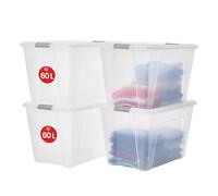 Iris Ohyama 4 Cajas de almacenamiento con tapas, 60L, Plata, Clips de Cierre, Duradero, Apilable, para Dormitorio, Armario, Oficina, Organizadora, Ropa y Zapados, Libre de BPA, NTB-60