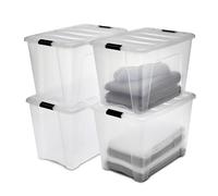 Iris Ohyama 4 Cajas de almacenamiento con tapas, 60L, Transparente, Clips de Cierre, Duradero, Apilable, para Dormitorio, Armario, Oficina, Organizadora, Ropa, Libre de BPA, DDNTB-60
