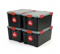 Iris Ohyama 4 Cajas herméticas de plástico con tapa y cierres a presión, 50L, Negro, sello impermeable, apilables, antipolvo, para ropas, camping, exteriores, cubo de almacenaje, box, AT-L