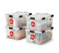 Iris Ohyama 4 Cajas herméticas de plástico con tapa y cierres a presión, 50L, Transparente, sello impermeable, apilables, antipolvo, para ropas, camping, exteriores, cubo de almacenaje, box, AT-L