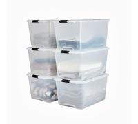 Iris Ohyama 6 Cajas de almacenaje con tapa y cierres a presión, 45L, Transparente, apilables, encajables, contenador para ropas, juguetes, hogar, oficina y armario, organizar espacio, plástico, TBH-45