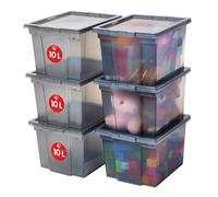 Iris Ohyama 6 Cajas de Almacenaje Plástico Versátiles con Tapa, 10L, Gris, Cierre fácil, Apilable, Duradero, para Armario, Estante, Aula, Organizadora, Ropa, Zapatos, Libre de BPA, USB-S
