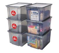 Iris Ohyama 6 Cajas de Almacenaje Plástico Versátiles con Tapa, 30L, Gris, Cierre fácil, Apilable, Duradero, para Armario, Estante, Aula, Organizadora, Ropa, Zapatos, Libre de BPA, USB-M
