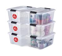 Iris Ohyama 6 Cajas de almacenamiento con tapas, 15L, Transparente, Clips de Cierre, Duradero, Apilable, para Dormitorio, Armario, Oficina, Organizadora, Ropa, Libre de BPA, NTB-15