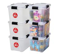 Iris Ohyama 6 Cajas herméticas de plástico con tapa y cierres a presión, 20L, Transparente, sello impermeable, apilables, antipolvo, para ropas, camping, exteriores, cubo de almacenaje, box, AT-SD