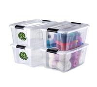 Iris Ohyama, Boite Rangement Plastique avec Couvercle, 15L, Lot de 4, Transparent, 100% en Plastique Recy lips de Fermeture, Poignée, Empilable, pour Chambre, Dressing, Bureau, Sans BPA, NTB-15