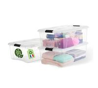 Iris Ohyama, Boite Rangement Plastique avec Couvercle, 32L, Lot de 3, Transparent, 98% en Plastique Recy lips de Fermeture, Poignée, Empilable, pour Chambre, Dressing, Bureau, Sans BPA, BSB-32