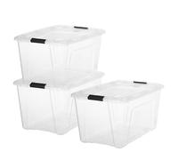Iris Ohyama, Boite Rangement Plastique avec Couvercle, 45L, Lot de 3, Transparent, 98% en Plastique Recy lips de Fermeture, Poignée, Empilable, pour Chambre, Dressing, Bureau, Sans BPA, BSB-45