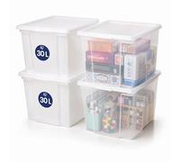 Iris Ohyama, caja de almacenamiento con tapa, 30L, juego de 4, transparente, cierre fácil, apilables, de plástico transparente, para vestidor, estantes, garaje, organización, ropa, USB-M