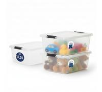 Iris Ohyama, caja de almacenamiento de plástico con tapa, 12,5 L, juego de 3, transparente, clips de cierre, asa, apilable, organización sólida y duradera, para dormitorio, vestidor, oficina, FTB-12.5