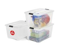 Iris Ohyama, caja de almacenamiento de plástico con tapa, 45L, juego de 3, transparente, clips de cierre, asa, apilable, para dormitorio, vestidor, oficina, sin BPA, caja de almacenamiento, bandeja