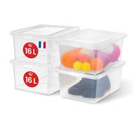 Iris Ohyama, Caja de Almacenamiento de Plástico Multiusos, 16L, Juego de 4, Transparente, Cierre Fácil, Apilable, para Dormitorio, Cocina, Oficina, Baño, Ropa, Juguetes, Sin BPA, CNL-16E