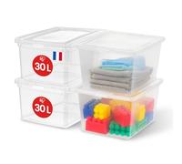 Iris Ohyama, Caja de Almacenamiento de Plástico Multiusos, 30L, Juego de 4, Transparente, Cierre Fácil, Apilable, para Dormitorio, Cocina, Oficina, Baño, Ropa, Juguetes, Sin BPA, CNL-30E