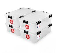Iris Ohyama, Caja de Almacenamiento Hermética de Plástico, 30L, Pack de 4, Transparente, Tapa, Junta Estanque, Clips de Cierre, Apilable, para Exterior, Garaje, Ropa, Anti Polvo, WSB-30