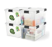 Iris Ohyama, Caja de Almacenamiento Hermética Plástica, 45L, Lote de 4, Transparente, Tapa, Junta Impermeable, Clips de Cierre, Apilable, para Exterior, Garaje, Ropa, Antipolvo, WSB-45