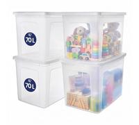 Iris Ohyama, Caja de almacenamiento multiusos de 70 l, paquete de 4, cierre simple, apilable, de plástico transparente, para ropa, estantería, escuela, organización, juguete