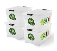 Iris Ohyama, Caja de Almacenamiento Plástica con Tapa, 45L, Lote de 4, Transparente, Clips de Cierre, Asa, Apilable, Organización Sólida y Duradera, para Habitación, Vestidor, Oficina, BSB-45