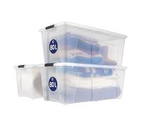 Iris Ohyama, caja grande de almacenamiento de plástico con tapa, 80L, juego de 3, transparente, clips de cierre, asa, apilable, portátil, sólido y duradero, para ropa de cama, vestidor, dormitorio, TB