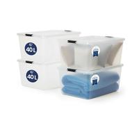 Iris Ohyama Cajas de almacenamiento con tapa, 40L, juego de 4, transparente, cierre seguro, apilable, asas, dormitorio, armario, oficina, organización, plástico libre de BPA, cajas de ordenación, FTB