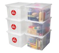 Iris Ohyama, Cajas de almacenamiento de plástico con tapa de 30L, Lote de 6 cajas grandes apilables, Sin BPA, Cuarto de lavado, Oficina, USB-M, Transparente - A42 x F35,5 x A26,5 cm