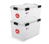 Iris Ohyama Cajas de almacenamiento herméticas de plástico con tapa, 45 l, juego de 2, transparente, cierre hermético impermeable, cierres de clic robustos, apilables, protección contra el polvo, sin