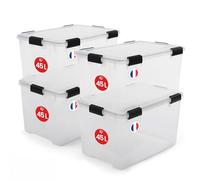Iris Ohyama Cajas de almacenamiento herméticas de plástico con tapa, 45L, juego de 4, transparentes, cierre hermético resistente al agua, cierres de clic resistentes, apilables, protección contra el