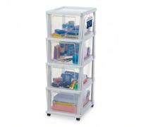 Iris Ohyama, Torre de Almacenamiento de Plástico con Ruedas, 4 Cajones Grandes, Blanco, Fácil Apertura, Organizador para Baño y Dormitorio, Sin BPA, KMC-304