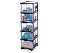 Iris Ohyama, Torre de Almacenamiento de Plástico con Ruedas, 5 Cajones Grandes, Negro, Fácil Apertura, Organizador para Oficina y Dormitorio, Sin BPA, KMC-305